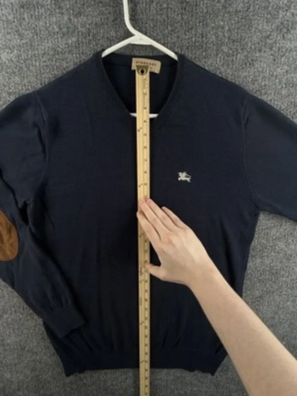 Burberry Italy Cotton Pullover Logo V-Neck Mens Blue Medium Elbow Patches Knit